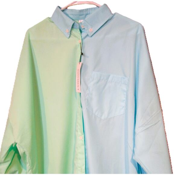 Jeovuanun Men's Button-up Dress Shirt Green Blue Barrel Cuff Pocket Size Large - Picture 1 of 10
